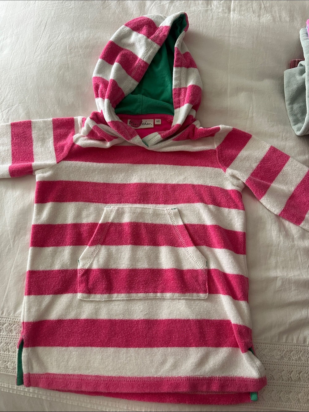 Mini Boden Pink & White Striped Hooded Tunic with Green Lining